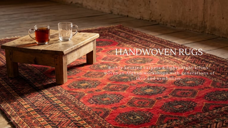 Handwoven Afghan kilim rug with geometric patterns, crafted in traditional artisan workshops.