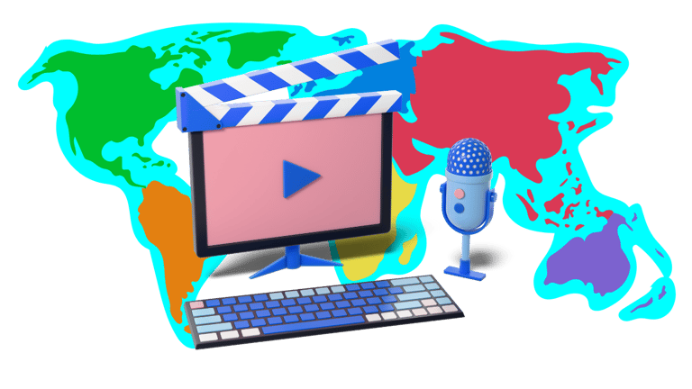 Digital content creation setup with a computer, microphone, and clapperboard over a colorful world map.