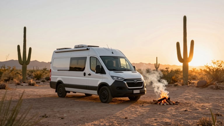 A modern camper van parked at a scenic desert campsite in Saguaro National Park at golden hour, campfire smoke drifting gently, warm sunset lighting, editorial style.