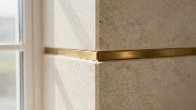 Extreme close-up of a mitered corner transition between two slabs of soft cream travertine stone, brushed brass fixture visible, sharp focus, architectural detail