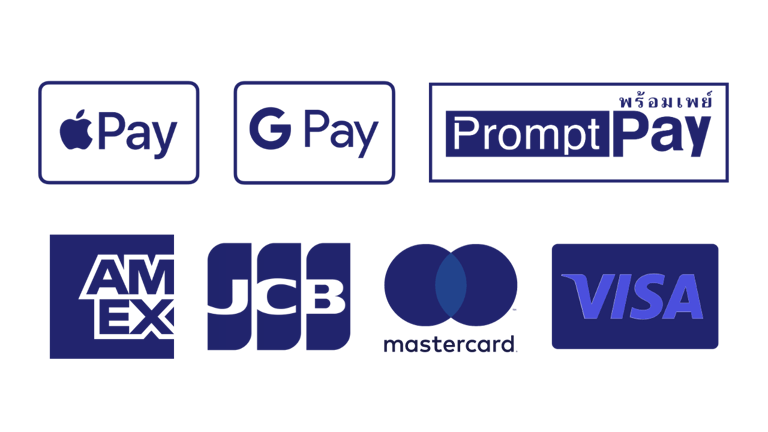 สัญลักษณ์ Apple Pay, G Pay, PromptPay, American Express, JCB, MasterCard, Visa