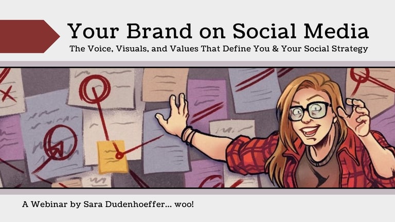 cartoony illustration of a manic sara dudenhoeffer standing in front of a wall covered in papers