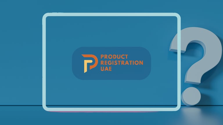 Product Registration UAE Logo with Question Mark for FAQS in background