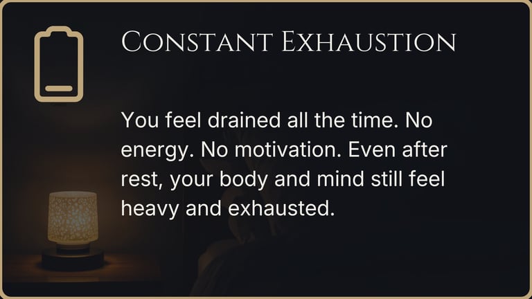 Person experiencing emotional exhaustion and heavy spiritual atmosphere inside the home