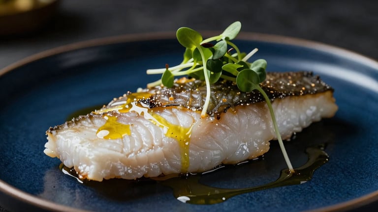Tight macro shot of an artfully plated gourmet sea bass with microgreens, drizzled with gold-infused oil, dramatic low-key lighting, rich deep blue background, shallow depth of field.