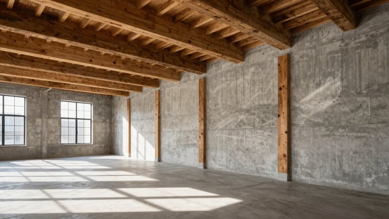 Wide-angle shot of exposed timber beams and concrete walls inside a historic commercial building, natural light from large windows casting sharp geometric shadows, minimalist architectural photography.