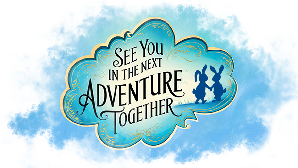 Whimsical blue sign with bunnies holding hands, skies, text: See you in the next adventure together.