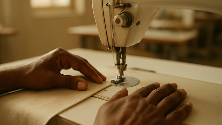 A close-up of hands carefully guiding fabric through a sewing machine in a bright, clean training room, warm natural light, soft earth tones.