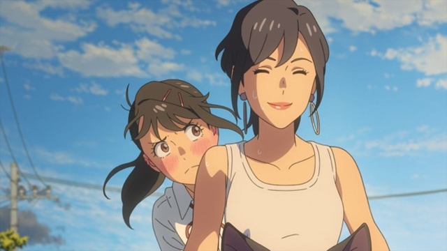 screenshot from suzume, suzume and tamaki ride a bike together (suzume looks flustered, tamaki smug)