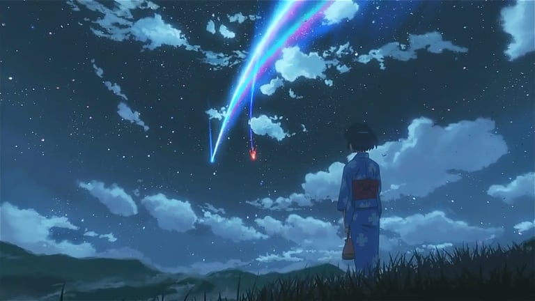 screenshot from your name., mitsuha at night looking up at the fragment falling from the comet