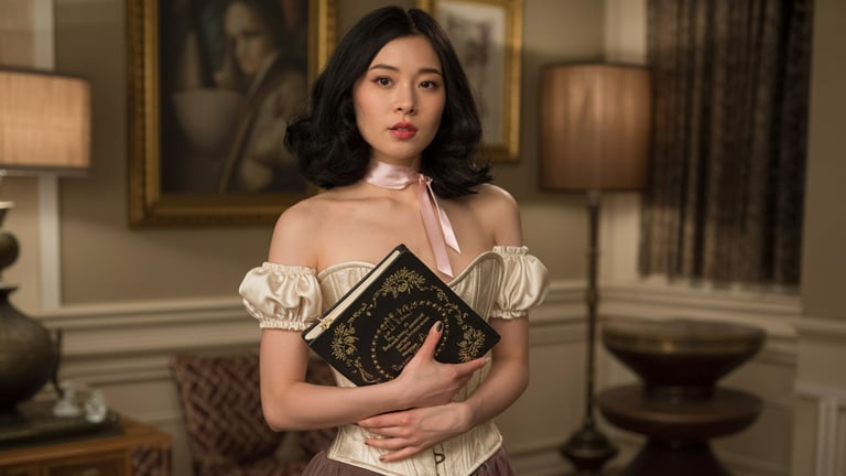 a woman in a corset dress and a book