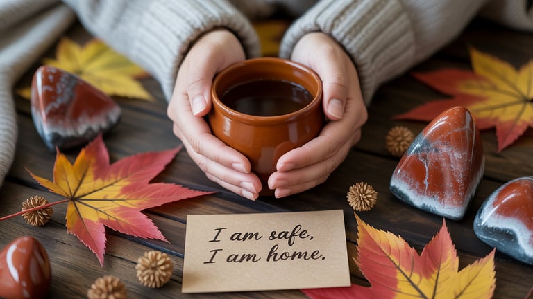 a person holding a cup of coffee and a note card