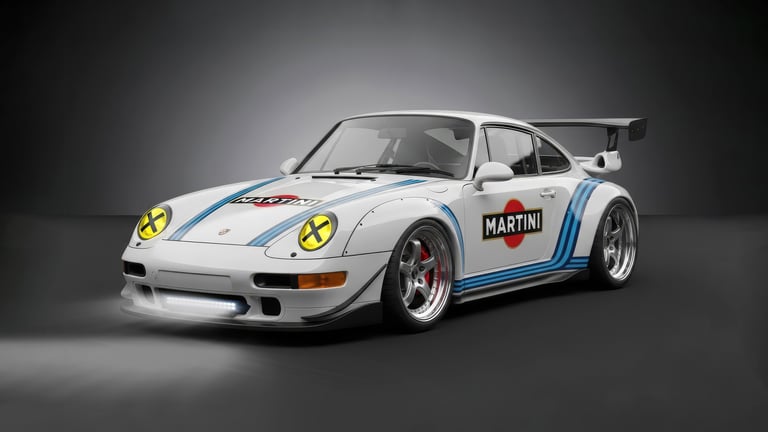 an ai generated wide body porsche 993 with Martini Racing livery