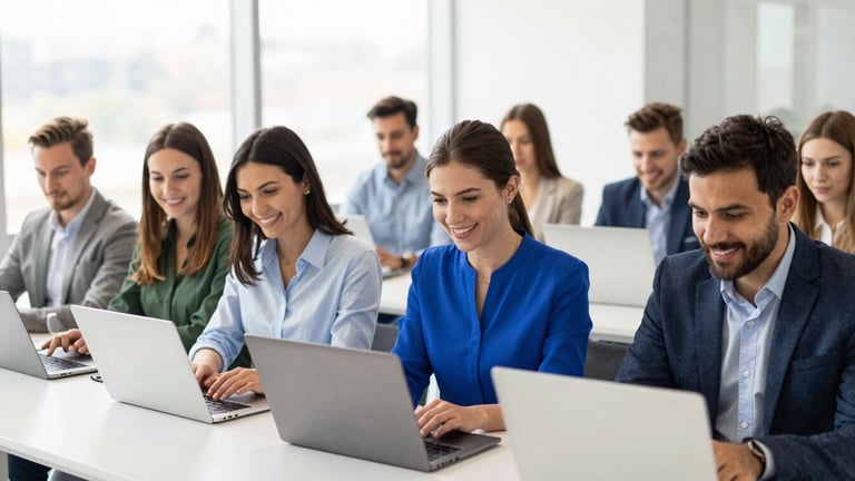 A bright, modern office space with a diverse group of men and women of various ages smiling and looking at their laptop screens, natural daylight, professional 35mm photography