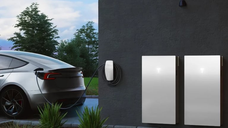 a tesla electric car charging at a charging station