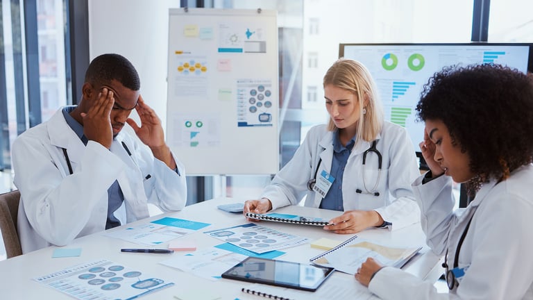 overworked healthcare professionals thinking and team of doctors in meeting