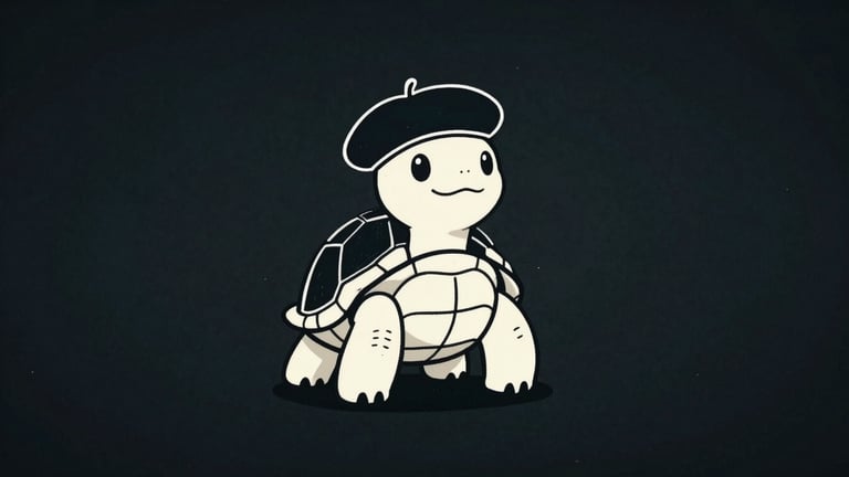A minimalist, elegant hand-drawn ink illustration of a warm, smiling cartoon turtle wearing a director's beret, clean white lines on deep charcoal background, negative space, premium independent studio mascot