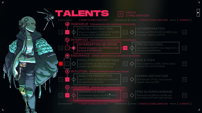 Capture d'écrant de l'arbre de compétences de Citizen Sleeper