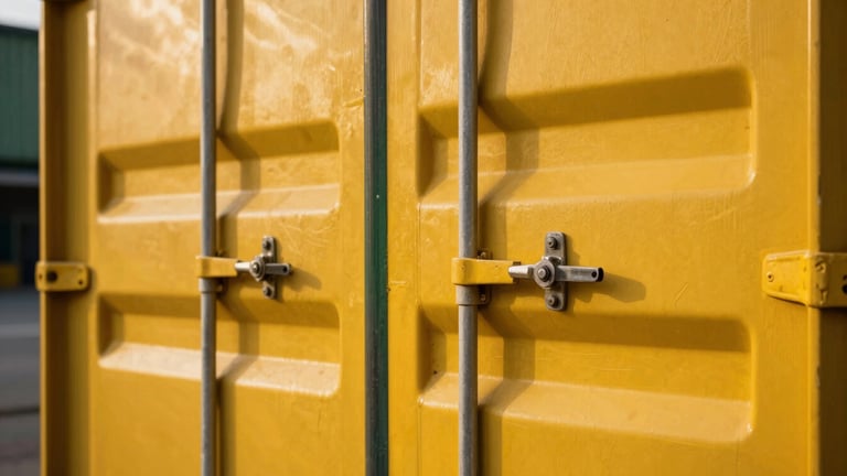 Close-up of secure heavy-duty metal cargo seals on a container door, high-contrast safety yellow paint, industrial warehouse lighting, sharp focus.