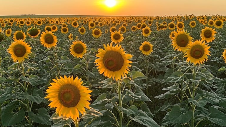Field of sunflowers at sunset