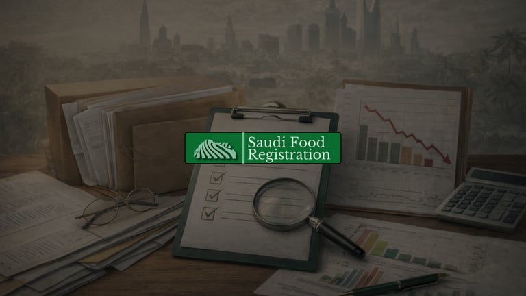 Saudi Food Registration image showing SFDA compliance framework with regulatory documents and approval review checklist