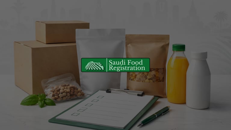 Saudi Food Registration image showing food packaging compliance checklist with compliant food containers for SFDA approval