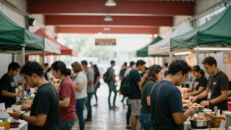Wide shot of a lively food hall with diverse people, natural light, food stalls, and a sense of community, soft focus, rich crimson and forest green tones, shallow depth of field, 35mm film