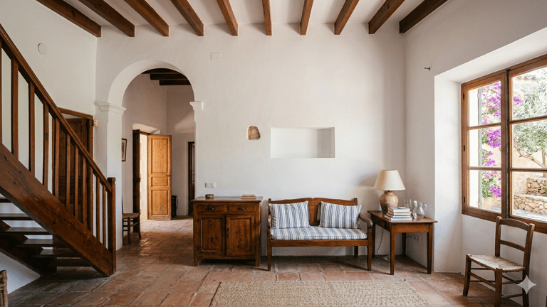 Rustic Mediterranean living room with terracotta tile floors, wooden ceiling beams, and a striped bench.