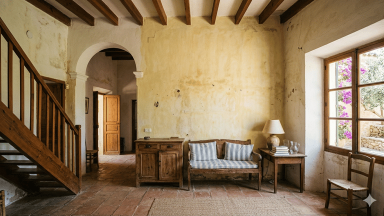 Rustic Mediterranean interior with terracotta tile floors, exposed wood beams, and an antique wooden bench.