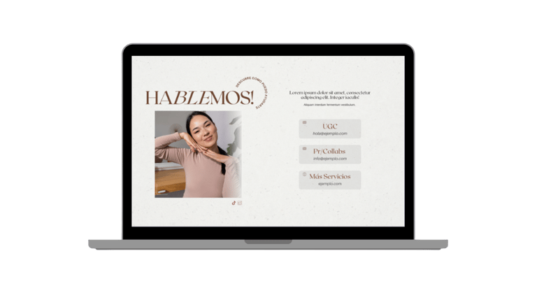 a laptop computer screen displaying a website page with a woman in a pink sweater