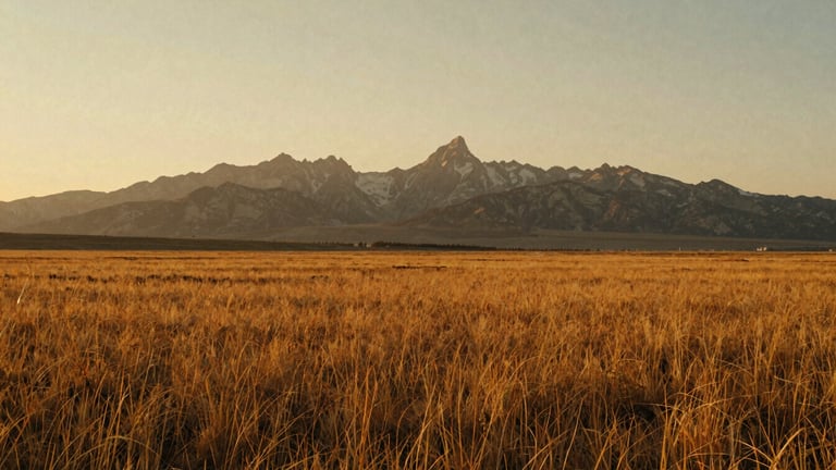 Wide environmental shot of empty golden-grass fields at dusk, distant Idaho mountain peaks silhouetted against a soft warm sky, 35mm film texture.
