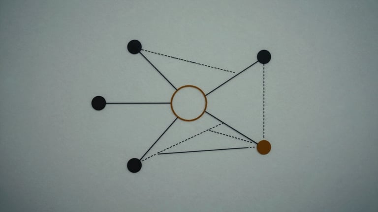 Abstract mathematical diagram with interconnected nodes and weighted edges, rendered in stark monochrome with amber accents, clinical daylight, sharp focus, 35mm