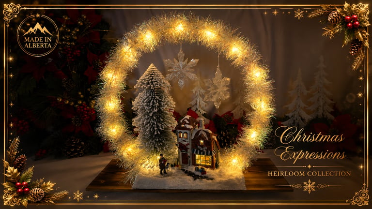Rustic handmade Christmas display featuring woodland trees, snow accents and heirloom holiday décor