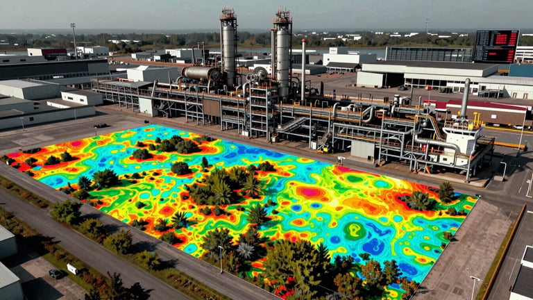 Nadir perspective of an industrial port, false-color infrared vegetation heatmap with hyper-cyan vector bounding boxes, high-contrast topography, terminal interface readout.