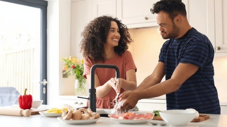 Care worker assisting a person to wash hands at a kitchen sink, supporting daily living tasks