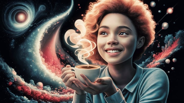 a woman holding a cup of coffee in front of a galaxy