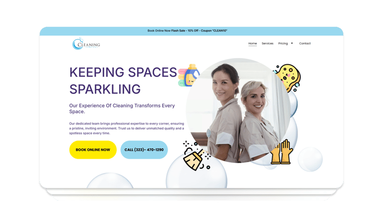 Modern cleaning website with streamlined layout, vibrant visuals, and scheduling.