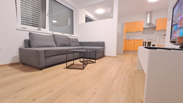 gemütliche Couch und vollausgestattete Küche in Vintage