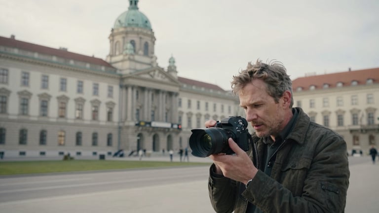Dave Habermann in einem Wiener Stadtviertel, aufmerksam mit einer Kamera in der Hand, im Hintergrund historische Architektur, weiches Tageslicht, dokumentarischer Stil.