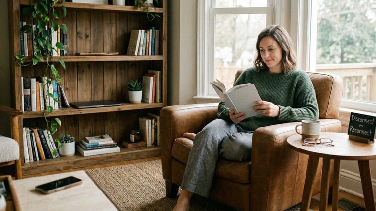 A woman reading a book in a leather armchair next to a wooden bookshelf in a cozy living room.
