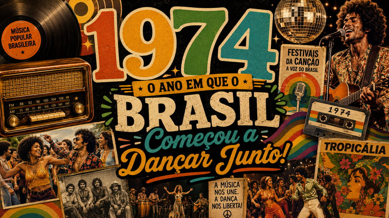 Vintage 1974 Brazilian music collage featuring Tropicália posters, retro radio, and people dancing.