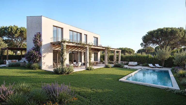 Render exterior de villa con piscina en Mallorca - ARQUIPLAY 