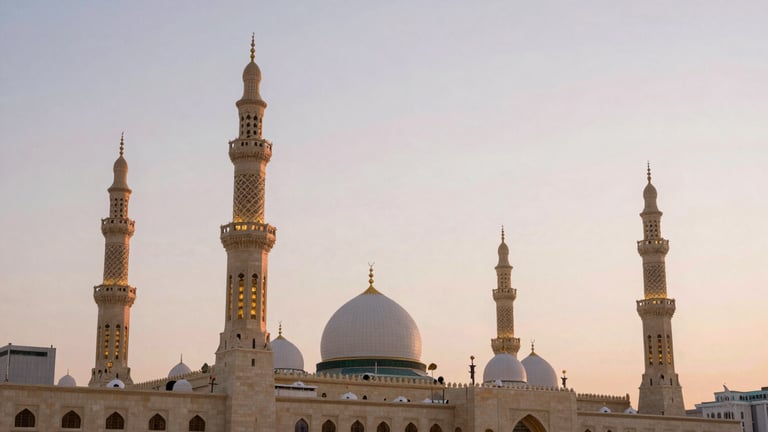 Wide environmental shot of Al-Masjid an-Nabawi in Madinah during dawn, elegant minarets reflecting soft pastel skies, serene negative space, warm editorial photography