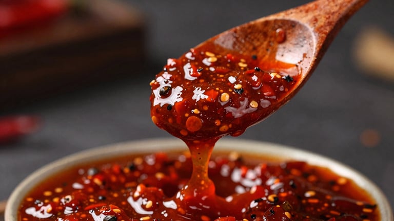 Thick, textured red hot sauce slowly dripping from a rustic wooden spoon, macro shot showing tiny flecks of black pepper and chili seeds, moody lighting.