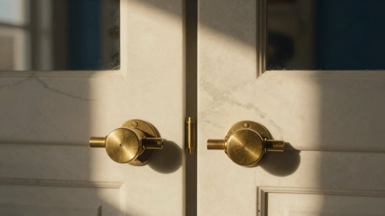 Symmetrical close-up of premium warm brass fixtures embedded in polished white Calacatta marble, soft golden-hour window light casting long shadows, shallow depth of field, 35mm