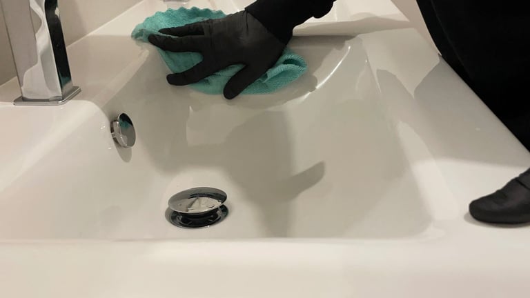 Nettoyage lavabo blanc. Mains avec gants noirs. Chiffon vert 