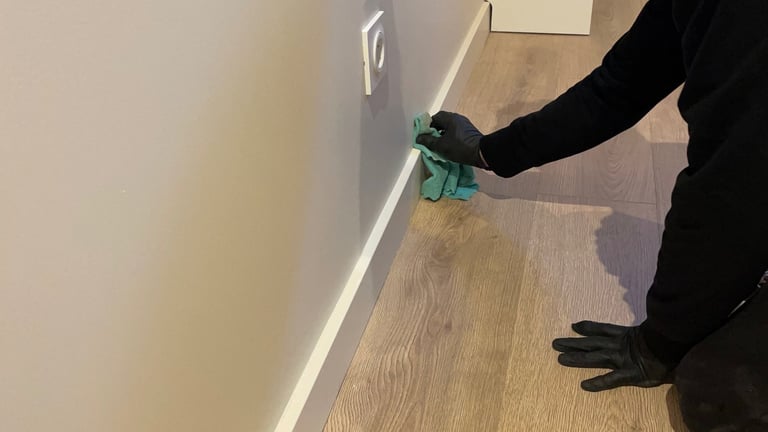 Nettoyage plinthes avec gants noir et chiffon vert sur parquet couleur bois 