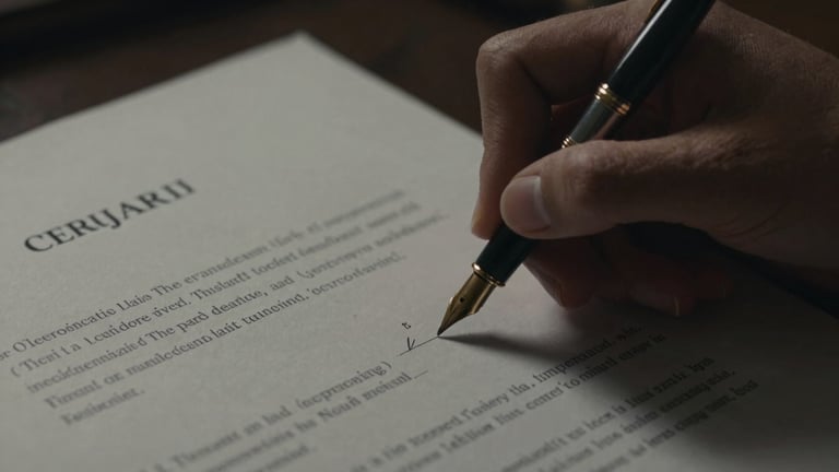 Cinematic close-up of a fountain pen signing a confidential legal document, dramatic side lighting, deep shadows, gold ink accents, luxury office atmosphere