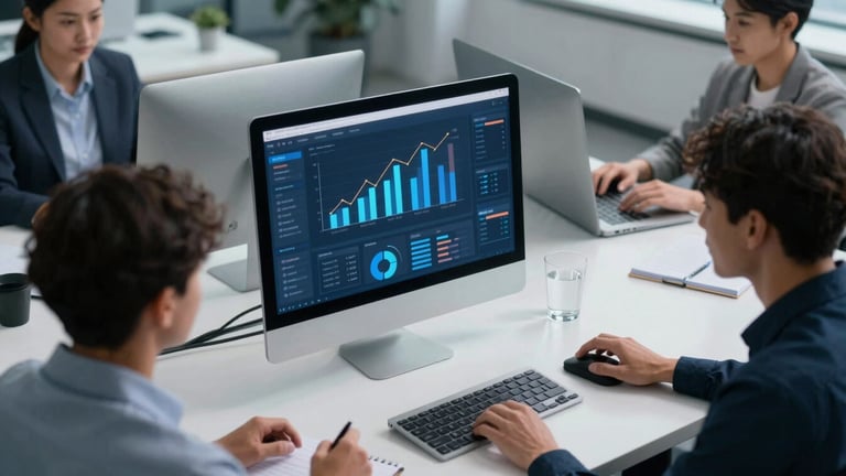 High-angle shot of a clean modern workspace with a computer showing positive dynamics and modern business graphics, cool-toned studio light, 35mm lens