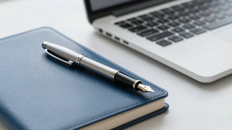 Close-up of a fountain pen resting on a structured leather notebook alongside a sleek silver laptop, cool daylight, shallow depth of field